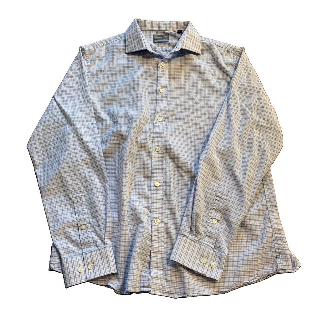Michael Kors Mens Blue Plaid Slim Fit Dress Wicking Performance Shirt 16.5 34/35